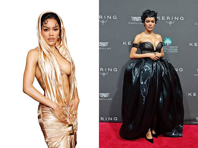 클레비지 라인이 깊게&nbsp;파인 발망의 후드 드레스(왼쪽).&nbsp;구조적인 디자인이&nbsp;돋보이는 미스소희의 드레스.&nbsp;