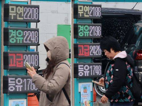 미국과 이란 전쟁 여파로 국제 유가가 상승하고 있는 가운데 국내 주유소 기름값도 매일 상승하고 있다. 서울 용산구의 한 주유소에 지난 5일(오른쪽 사진)에 비해 하루 만인 6일 휘발유는 20원, 경유는 50원 오른 가격이 표시되어 있다. 윤동주 기자