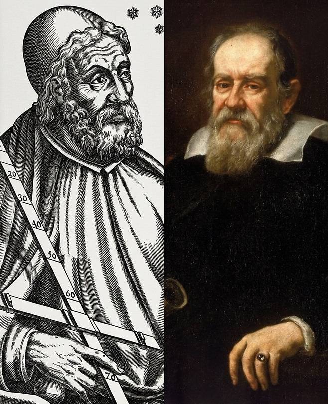 2세기 그리스의 천문학자인 프톨레마이오스(왼쪽)와 16세기 이탈리아 과학자인 갈릴레이(오른쪽). 갈릴레이는 프톨레마이오스의 천문학 도구를 이용해 그의 천동설을 해체했다./위키미디어 커먼스