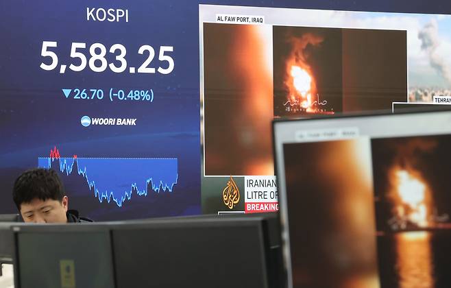 12일 서울 중구 우리은행 딜링룸에 코스피와 원/달러 환율이 표시되고 있다. 이날 코스피는 전장 대비 26.70포인트(0.48%) 내린 5,583.25에 장을 마쳤다. /연합뉴스 제공