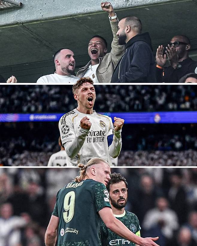 12일 레알 발베르데(가운데)가 맨시티와의 2025~26 UCL 16강 1차전서 해트트릭을 기록하며 팀의 3-0 대승에 기여했다. 부상으로 인해 결장한 음바페(위)는 발베르데의 활약을 보고 펄쩍 뛰며 기뻐했다. 사진=ESPN SNS