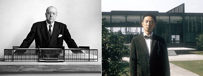 자신의 작품(일리노이 공과대학 크라운홀) 앞에 선 미스 반 데어 로에와 동대학에서 수학한 김종성 건축가. / 사진. 필자 제공