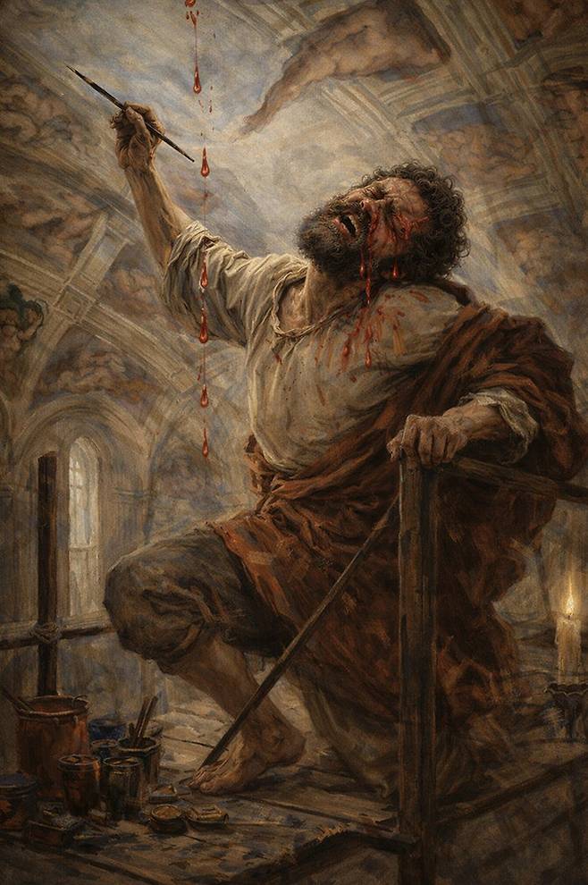 미켈란젤로가 천지창조를 그리는 가상의 연출 장면(AI 이미지).  KAIST 제공