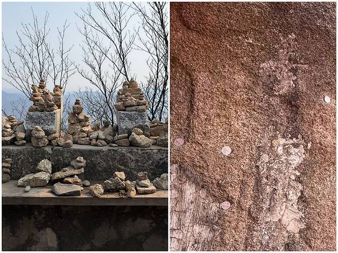 [서울=뉴시스] 김건민 인턴기자 = 연주대에 쌓인 돌탑과 응진전 인근 바위 틈 사이에 끼워진 동전들. 2026.03.11. *재판매 및 DB 금지