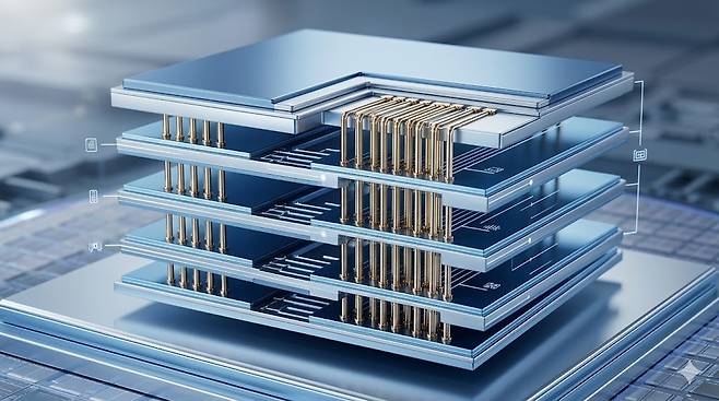 HBF 고대역폭 플래시 메모리 칩이 수직으로 적층된 3D 구조 개념도