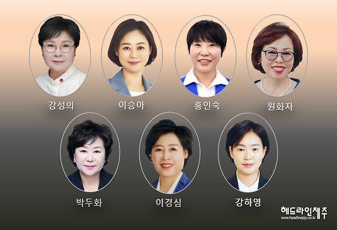 6.3지방선거에 도전하는 제주도의회 여성 의원들. 사진 위 왼쪽부터 3선에 도전하는 강성의 의원과 이승아 의원, 지역구 재선에 도전하는 홍인숙 의원, 비례대표에서 지역구로 전환해 첫 도전에 나서는 원화자 의원, 박두화 의원, 이경심 의원, 강하영 의원(선거구 순). ⓒ원성심 기자