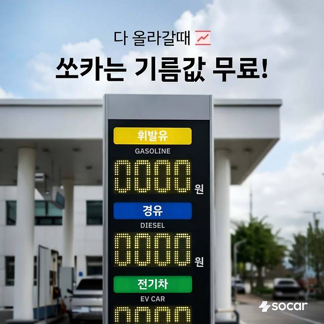 쏘카가 최근 치솟는 국제 유가를 반영해 내연기관 차량에 대해서는 30km까지 주행요금을 받지 않기로 했다. 사진=쏘카
