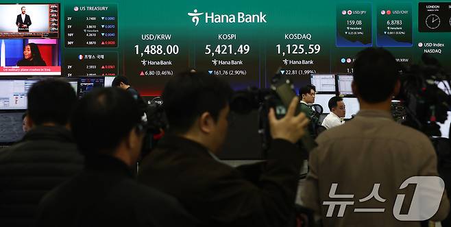 코스피가 유가 급등에 3% 하락 개장한 13일 오전 서울 중구 하나은행 본점 딜링룸에서 취재진들이 개장 시황을 취재하고 있다.  2026.3.13 ⓒ 뉴스1 김민지 기자