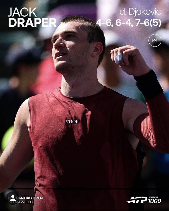 16강전에서 노박 조코비치를 꺾었던 잭 드레이퍼. 사진 ATP 투어