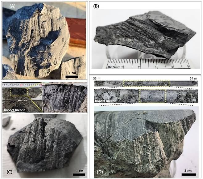 합천운석충돌구 시추코어 130m 심도에서 확인된 충격원뿔암(shatter cone). /한국지질자원연구원