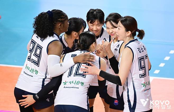 한국도로공사 선수들이 13일 인천 삼산월드체육관에서 열린 프로배구 2025∼2026 V리그 여자부 흥국생명과의 방문 경기에서 3-0(25-19, 27-25, 25-17)으로 승리한 뒤 기뻐하고 있다. KOVO 제공