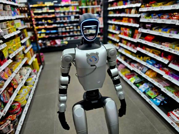 휴머노이드 로봇이 실제 리테일 매장 환경에서 고객 응대 및 상품 위치 안내 서비스를 수행하는 기술 실증(PoC)을 진행하고 있다. [사진=클로봇]