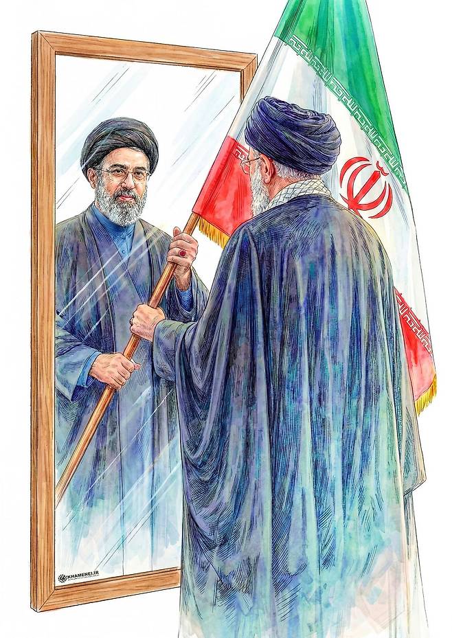 모즈타바가 거울을 통해 자신의 아버지 알리 하메네이로부터 이란 국기를 전달받는 그림이 모즈타바의 첫 엑스 게시물로 올라왔다. 사진 엑스 캡처