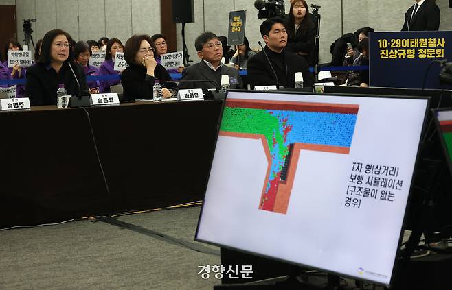 13일 서울 중구 은행회관에서 열린 10·29 이태원참사 진상규명 청문회에서 박희영 용산구청장을 비롯한 증인들이 사고 상황을 재연한 시뮬레이션을 바라보고 있다.