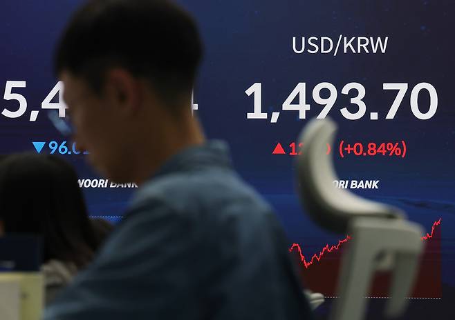 The dollar-won exchange rate is seen on an electronic board at the dealing room of Hana Bank in Jung District, central Seoul, on March 13. [YONHAP]