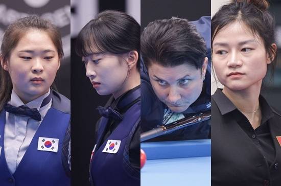 세계여자3쿠션선수권 4강이 (왼쪽부터) 김하은-최봄이, 클롬펜하우어-응우옌티리엔 대결로 압축됐다. (사진=SOOP)