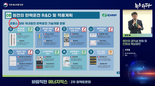 신호철 한수원연구원장이 지난 1월 개최된 ‘바람직한 에너지믹스 2차 정책토론회’에서 프랑스 대비 국내 원전의 기술 개발 현황을 발표하고 있다.