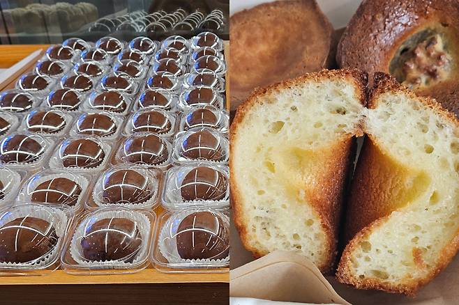 서울 강동구의 한 마트 내 팝업스토어에서 9000원에 판매 중인 ‘두쫀쿠’ 재고가 남아있는 모습. 오른쪽은&nbsp;‘버터떡’ 단면.