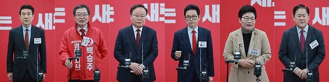 6·3 지방선거 경북도지사에 도전하는 국민의힘 예비후보들이 11일 서울 영등포구 여의도 국민의힘 중앙당사에서 열린 광역단체장 후보 면접을 마치고 각각 취재진 질문에 답하고 있다. 왼쪽부터 이강덕 전 포항시장, 백승주 전 의원, 국민의힘 김재원 최고위원, 이철우 경북도지사, 국민의힘 임이자 의원, 최경환 전 경제부총리/연합뉴스