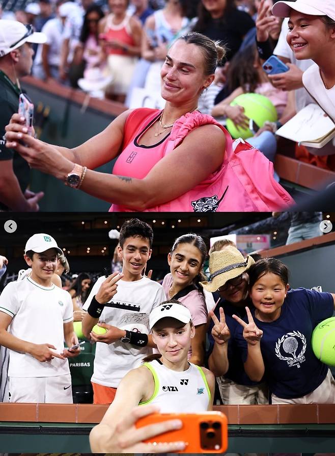 팬들과 함께하는 사발렌카와 리바키나. BNP파리바오픈 SNS