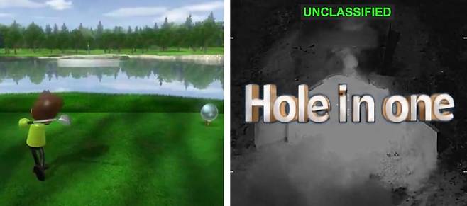 미국 백악관이 12일(현지 시간) 이란과의 전쟁을 골프 등 스포츠 게임에 비유한 영상을 X에 게재했다. 티샷을 준비하는 게이머의 모습(왼쪽 사진). 훌륭한 샷을 치면 미국의 이란 공습 장면과 ‘홀인원(Hole in one)’ 문구가 뜬다. 사진 출처 백악관 X