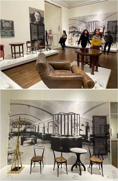 오스트리아 빈의 레오폴트 미술관 4층에는 건축가 아돌프 로스가 인테리어한 카페 뮤지엄을 소개하는 전시 공간이 있다. 사진 아래는 로스의 의뢰로 오스트리아 목재 기술자 미하엘 토네트가 만든 카페 뮤지엄의 가구들. /사진=서윤경 기자