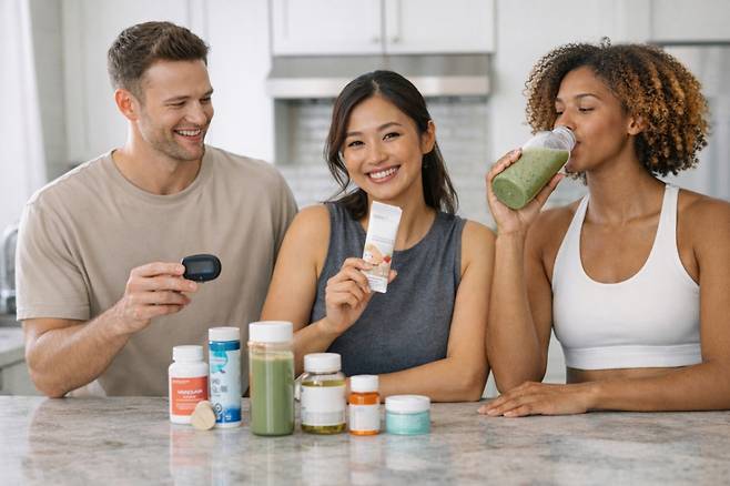 외국인들이 K웰니스제품을 이용하는 AI(인공지능) 이미지.