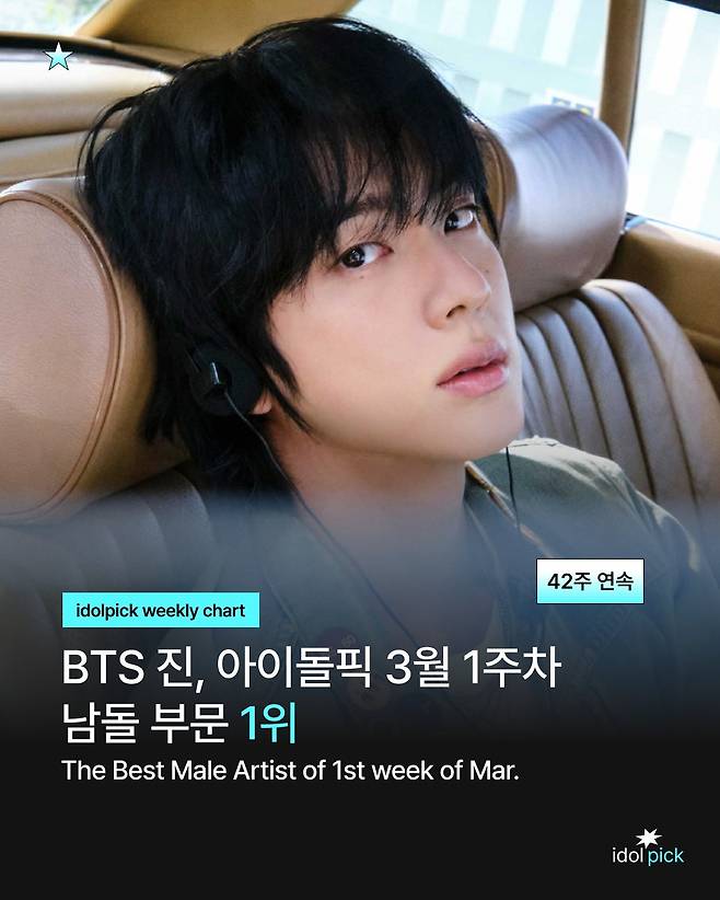 방탄소년단 진, 아이돌픽 42주 연속 1위..독보적 기록 행진