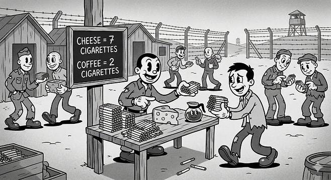 경제학자 로버트 래드퍼드는 포로수용소에서 화폐가 어떻게 생겨나는지와 관련된 논문을 발표했다. 제미나이 생성 이미지