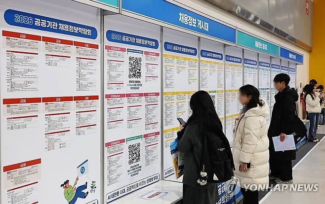'내 일자리는 어디에' (서울=연합뉴스) 김인철 기자 = 27일 서울 서초구 aT센터에서 열린 2026 공공기관 채용정보박람회에서 구직자들이 채용정보 게시판을 살펴보고 있다. 2026.1.27 yatoya@yna.co.kr