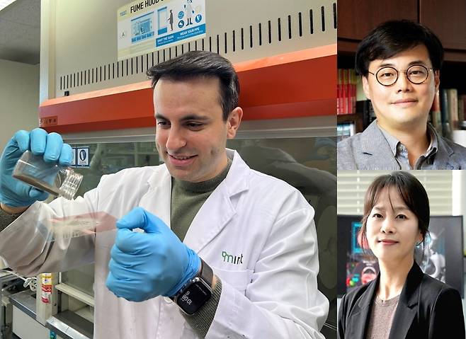 액체금속 파우더 기반 전자 소재 기술을 개발한 카이스트 기계공학과 굴 오스만 박사후연구원과 박인규 석좌교수, 김혜진 한국전자통신연구원 박사(왼쪽부터 시계방향으로). 카이스트 제공