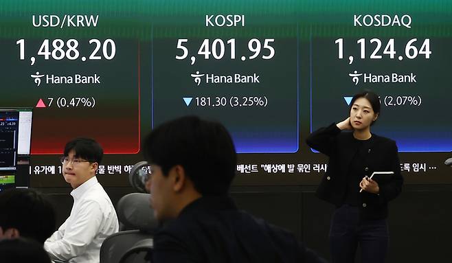 코스피가 유가 급등에 3% 하락 개장한 13일 오전 서울 중구 하나은행 본점 딜링룸에서 딜러들이 업무를 보고 있다.[뉴스1]