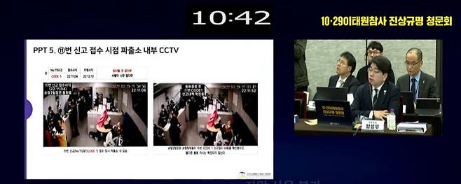 12일 서울 중구 은행회관에서 열린 10·29 이태원참사 진상규명과 재발방지를 위한 특별조사위원회 청문회에서 양성우 특조위원이 압사 관련 코드0 신고가 접수된 2022년 10월29일 오후 9시쯤 이태원 파출소 내 폐쇄회로(CC)TV 사진을 제시하고 있다. 해당 사진에는 파출소 내에 경찰관 10여명이 근무하고 있는 모습이 포착됐다. 유튜브 영상 캡쳐