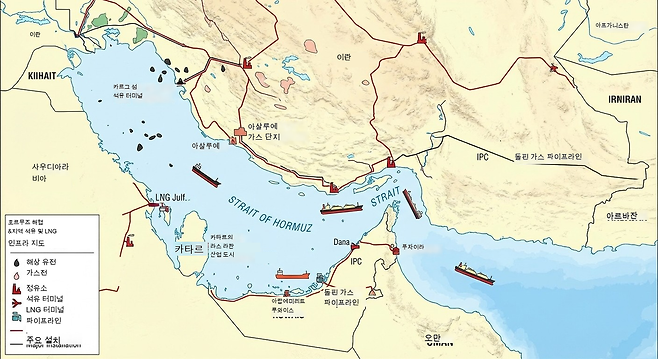 이란 호르무즈 해협과 주변 국가의 에너지 관련 시설. 제미나이로 생성한 이미지.