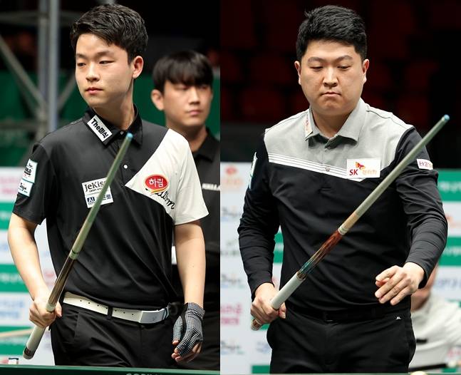 김영원(왼쪽)과 조건휘가 14일 제주특별자치도 제주시 한라체육관에서 열린 프로당구 2025~2026시즌 왕중왕전 '하나카드 하나캐피탈 제주특별자치도 PBA-LPBA 월드챔피언십' PBA 준결승 나란히 승리를 거두고 결승에서 격돌하게 됐다. /사진=PBA 투어 제공