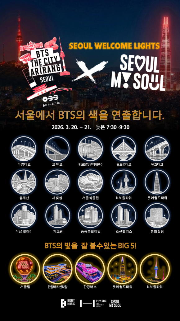 서울시는 글로벌 K-pop 그룹 방탄소년단의 컴백공연을 계기로 서울을 찾는 외국인 관광객을 위해 환대와 다양한 관광콘텐츠를 마련했다. 사진은 '서울 웰컴 라이트' 홍보 포스터 /서울시