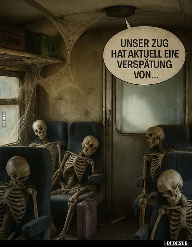 독일에서 기차 연착이 심각한 나머지 승객들이 좌석에서 그대로 해골이 되어버렸다는 걸 보여주며 풍자하는 이미지. 방송에서는 "우리 열차는 현재 지연되고 있습니다"라는 말이 흘러나오고 있어 DB(도이체반)의 안내 방송이 얼마나 무성의한 지를 꼬집고 있다.