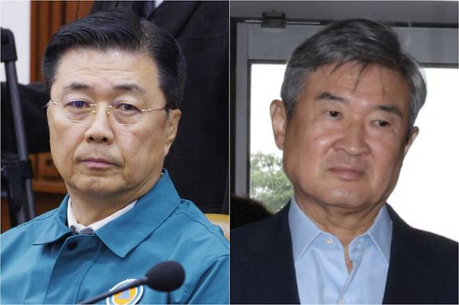 (왼쪽) 홍장원 전 국가정보원 1차장(왼쪽)이 2024년 3월14일 서울 종로구 정부서울청사에서 열린 국가테러대책위원회에 참석해 회의 시작을 기다리고 있다. 연합뉴스 (오른쪽) 조태용 전 국가정보원장이 지난해 8월8일 서울 서초구 이명현 특별검사팀 사무실로 출석하고 있다. 김혜윤 기자 unique@hani.co.kr