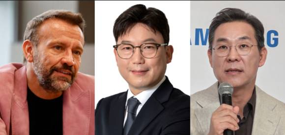 (왼쪽부터) 마우로 포르치니 삼성전자 최고디자인책임자(CDO) 사장, 용석우 영상디스플레이(VD)사업부장 사장, 김철기 생활가전(DA)사업부장 부사장. [사진=삼성전자]