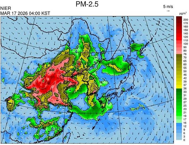 17일 오전 4시 기준 초미세먼지 예상도. [에어코리아]