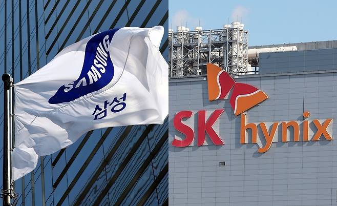 Samsung Electronics and SK hynix logos are seen at the companies’ offices in Seoul and Icheon, Gyeonggi Province. (Newsis)