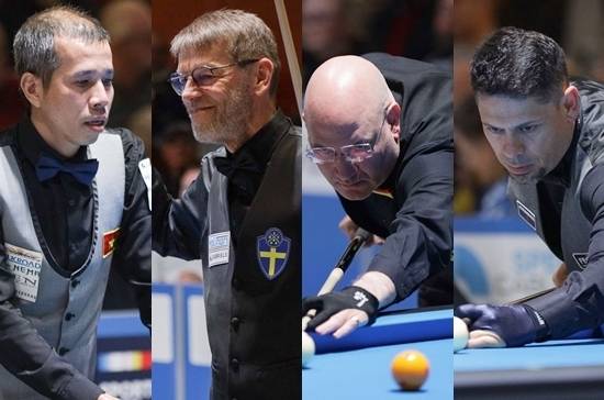 독일 비어슨에서 열리고 있는 제38회 세계팀3쿠션선수권대회 4강이 베트남-스웨덴, 독일-콜롬비아 대결로 압축됐다. (왼쪽부터) 베트남의 트란, 스웨덴의 블롬달, 독일의 마틴혼, 콜롬비아의 곤잘레스. (사진=SOOP)