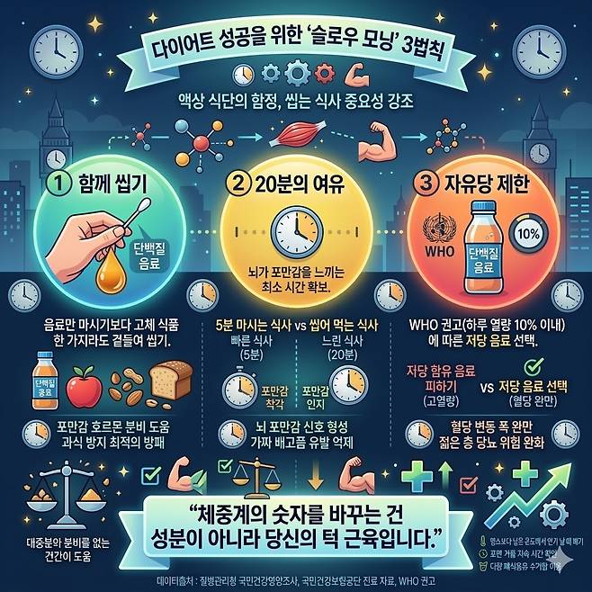 다이어트 성공을 위한 '슬로우 모닝' 3법칙. 제미나이 생성 그래픽