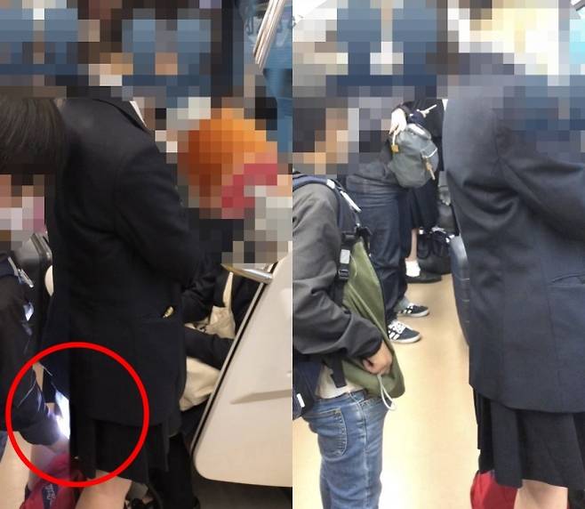 일본 소셜미디어서비스(SNS)에서 미성년자로 추정되는 남학생이 여학생을 몰래 촬영하는 장면이 담긴 사진이 공개돼 논란이 일고 있다. 엑스 캡처