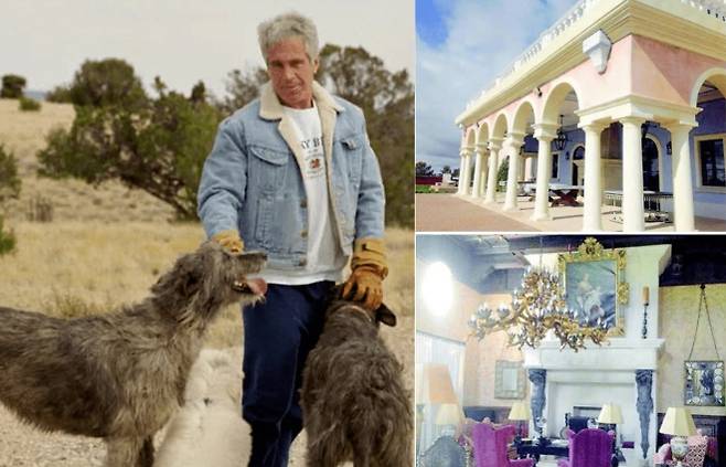 미국 성범죄자 제프리 엡스타인이 소유했던 뉴멕시코 ‘조로 목장’. 왼쪽은 엡스타인의 생전 모습, 오른쪽은 목장 외관과 내부 공간으로 이곳은 한때 호화 리조트처럼 꾸며졌던 것으로 전해졌다. 이 목장은 미성년자 성착취가 벌어진 핵심 장소로 지목되고 있다. 미국 법무부(DOJ)