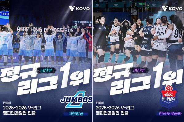 KOVO, 남자부-여자부 정규리그 1위 확정...인스타그램 카드 뉴스 캡쳐.(자료출처=한국배구연맹)
