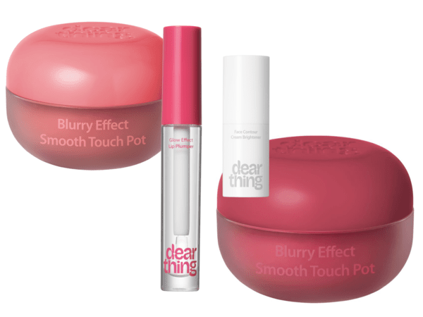 (왼쪽부터) 블러리 이펙트 스무드 터치팟 #뮤트메카리 5g 3천원, 글로우 이펙트 립 플럼퍼 #01클리어맥시 4ml 5천원, 페이스 컨투어 크림 브라이트너 #01페일화이트 4g 3천원, 블러리 이펙트 스무드 터치팟 #윈터모카 5g 3천원 모두 디어씽