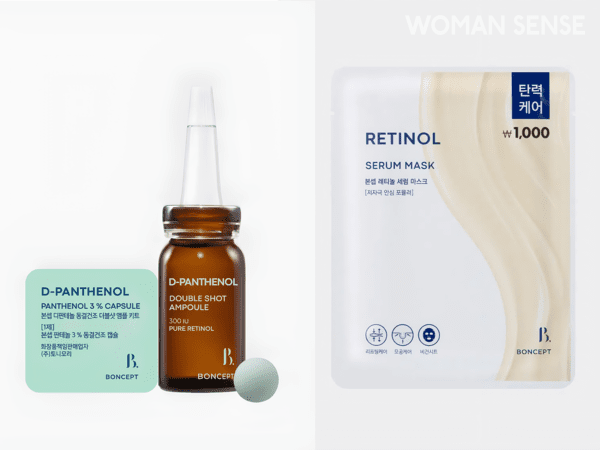 (왼쪽부터) 디판테놀 동결건조 더블샷 앰플 키트 45mg+10ml 5천원, 레티놀 세럼 마스크 23g 1천원 모두 본셉