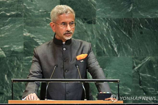 유엔총회에서 연설 중인 수브라마냠 자이샨카르 인도 외교장관 [로이터=연합뉴스 자료사진. 재판매 및 DB 금지]