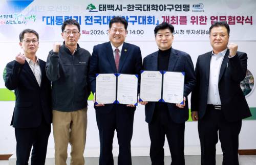 ◇태백시(시장:이상호)는 지난 16일 시청 투자상담실에서 한국대학야구연맹(회장:이병수)과 ‘대통령기 전국대학야구대회’ 개최를 위한 업무협약을 체결했다.